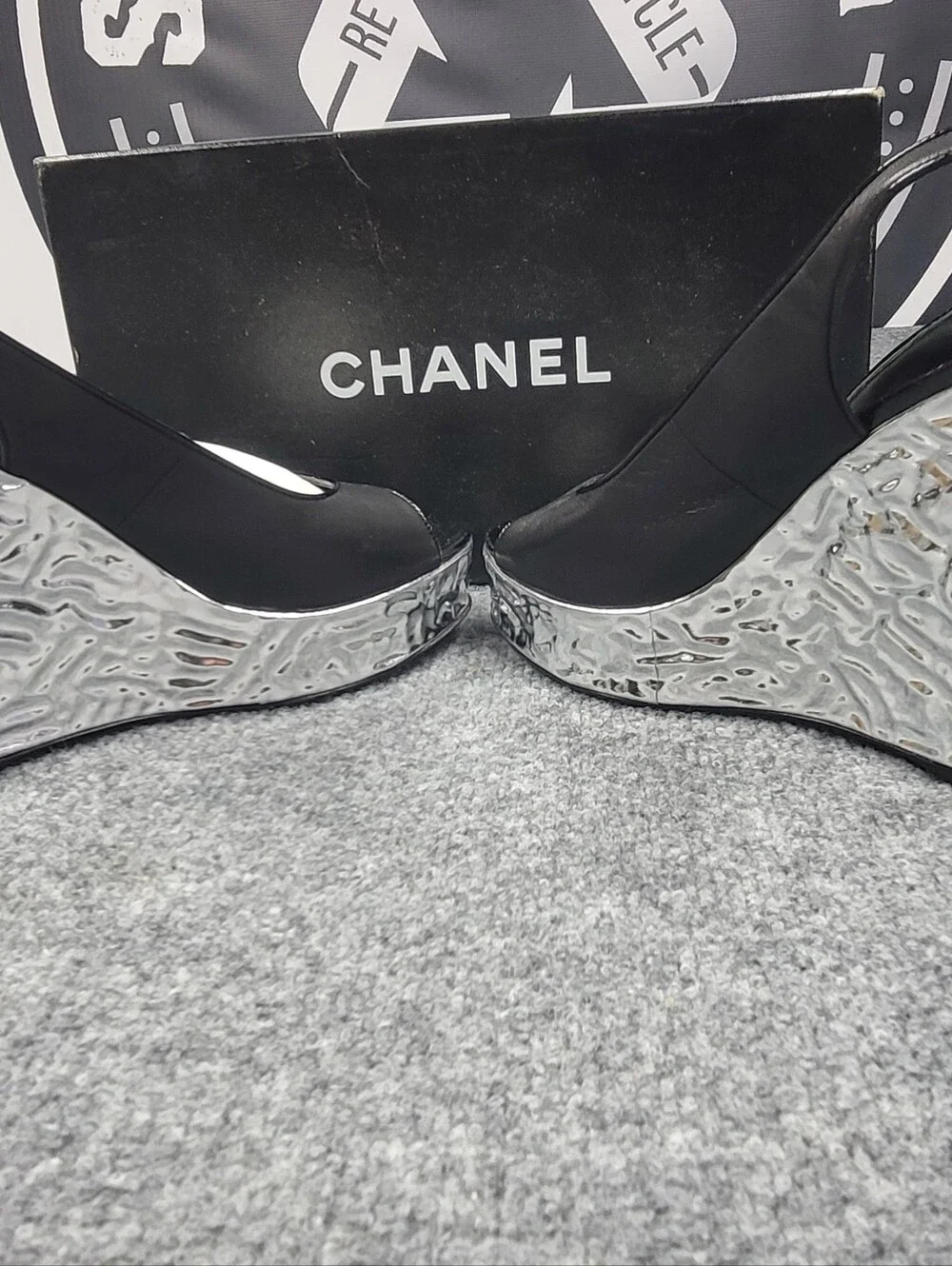 Chanel Black Leather Silver Wedge Peep Toe Sling Back Sandals Size 41